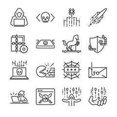 Fototapeta premium Hacker icon set. Included the icons as hacking, malware, worm, spyware, computer virus, criminal and more. 