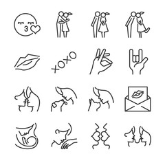 Kiss icon set. Included the icons as love, couple, lover, miss, care, adore and more.