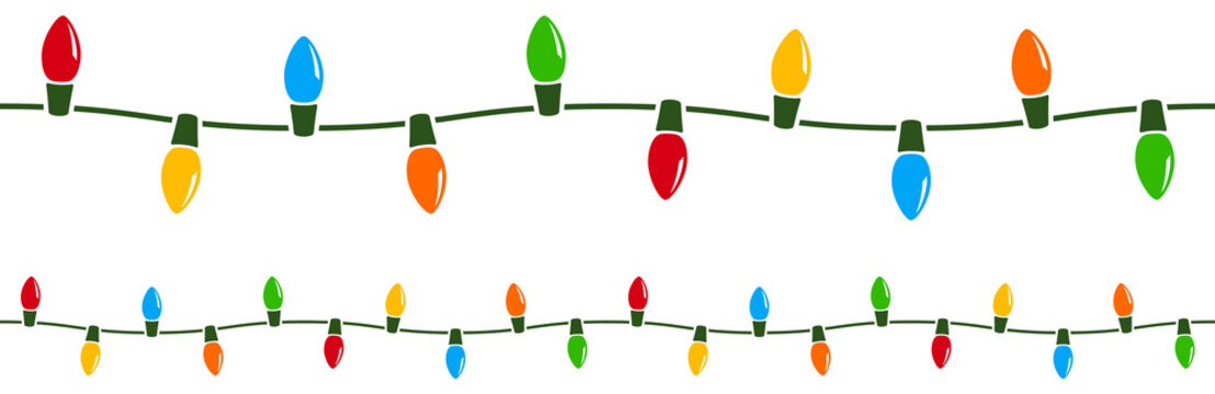 Vector illustration of a string of colorful holiday lights that can be joined end to end seamlessly to form longer strings as needed.