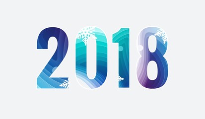 Happy new year 2018 Text Design. 2018 number illustration with snowflakes in paper art carving style design. Greeting card. Vector illustration.