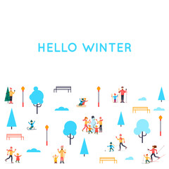 Winter people in the park. Season outdoors leisure activities. Playing in snow. Flat design vector illustration.