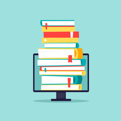 Online library, e-books. Computer with books. Flat design vector illustration.