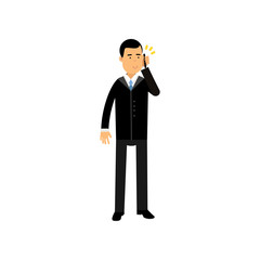 Businessman in a black suit standing talking on his phone, man using electronic device vector Illustration