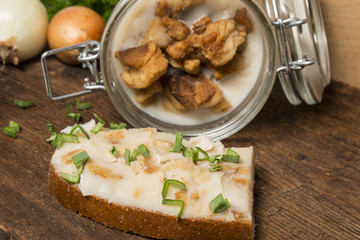 lard with render pork fat cubes greaves - traditional food
