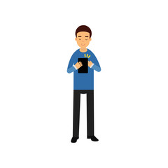 Young man standing with a tablet, man using electronic device vector Illustration