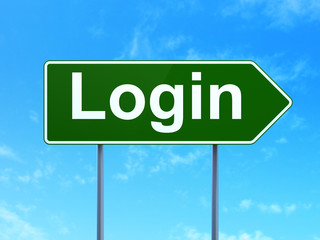 Security concept: Login on green road highway sign, clear blue sky background, 3D rendering