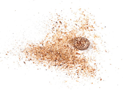 Milled nutmeg, powder isolated on white background, top view