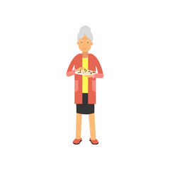 Senior woman standing with plate of food, pensioner people leisure and activity vector Illustration