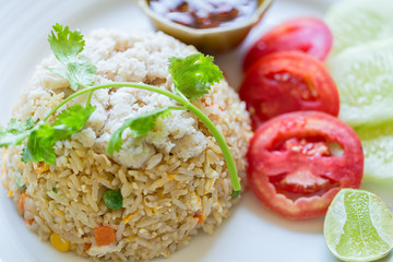 Fried Rice Crab is placed on a plate, Appetizing. Famous Thai food menu..