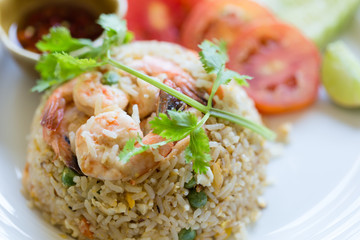 Fried Rice Shrimp is placed on a plate, Appetizing. Famous Thai food menu..