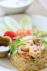Fried Rice Shrimp is placed on a plate, Appetizing. Famous Thai food menu..