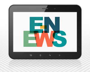 News concept: Tablet Pc Computer with Painted multicolor text E-news on display, 3D rendering