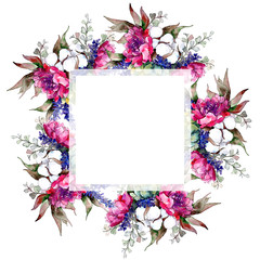 Bouquet flower frame in a watercolor style. Full name of the plant: peony. Aquarelle wild flower for background, texture, wrapper pattern, frame or border.