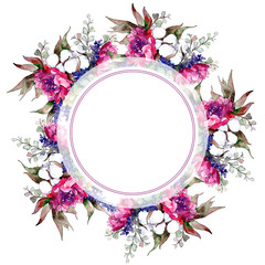 Bouquet flower frame in a watercolor style. Full name of the plant: peony. Aquarelle wild flower for background, texture, wrapper pattern, frame or border.