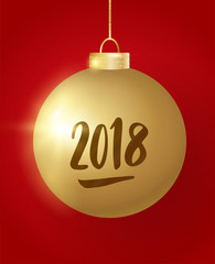 Hanging Christmas golden ball on red background. 2018 hand drawn numbers. Sparkling metal glitter bauble