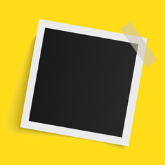 Square photo frame template with shadows on sticky tape on yellow background. Vector illustration.