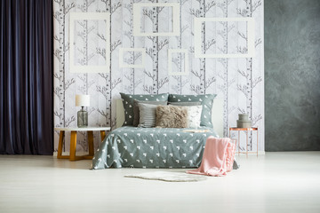 King-size bed in monochromatic bedroom