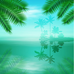 Fototapeta na wymiar Sea with island and palm trees. Tropical blue background.
