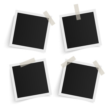 Set of square vector photo frames on sticky tape on white background. Template photo design. Vector illustration