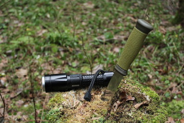 A green knife and a lantern on a stump covered with moss, against a background of green forest
