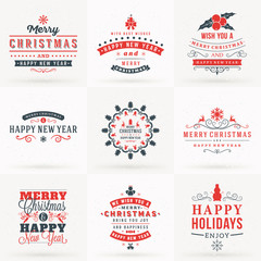 Set of Merry Christmas and Happy New Year Decorative Badges for Greetings Cards or Invitations. Vector Illustration in Red and Gray Colors