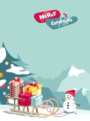 Obraz na płótnie Canvas Merry Christmas and Happy New Year vector background with cute snowman and christmas gifts. Winter cartoon illustration