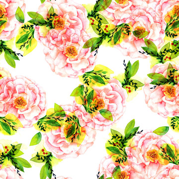 Seamless watercolour rose bud and leaves pattern