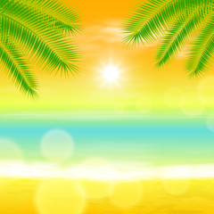 Obraz na płótnie Canvas Sea sunset with palmtree and light on lens