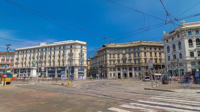 Cordusio Square and Dante street with surrounding palaces, houses and buildings timelapse hyperlapse