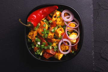  Indian cuisine. Paneer Tikka Kabab. Asian salad. Top view