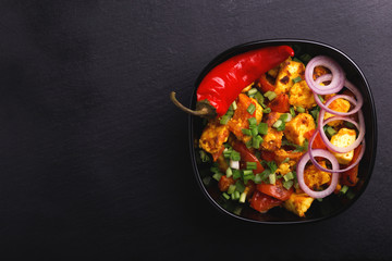  Indian cuisine. Paneer Tikka Kabab. Asian salad. Top view