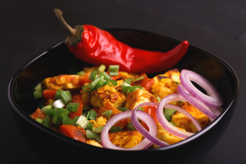  Indian cuisine. Paneer Tikka Kabab. Asian salad. Top view