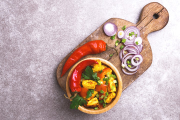  Indian cuisine. Paneer Tikka Kabab. Asian salad. Top view