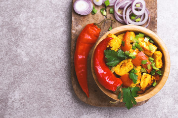  Indian cuisine. Paneer Tikka Kabab. Asian salad. Top view
