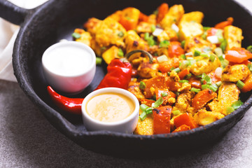 Indian cuisine. Paneer Tikka Kabab. Asian salad. Top view