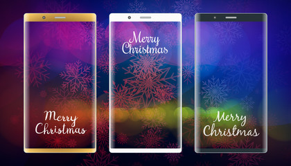 Golden, white and black smartphones with christmas background. Winter wallpaper. Vector illustration