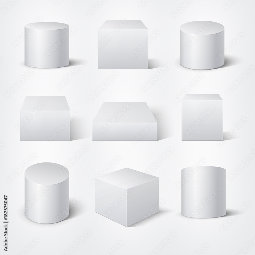 Poster white empty 3d cylinders and cubes. vector product podiums template