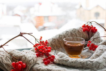Illness concept: Cup of tea with berries viburnum. Drink with vitamin С