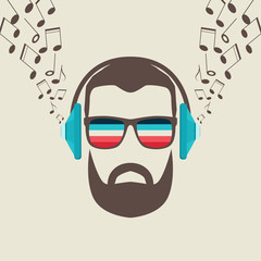 Hipster Men Face with Headphone, Retro Music Poster Illustartion.