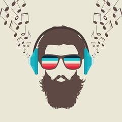 Hipster Men Face with Headphone, Retro Music Poster Illustartion.