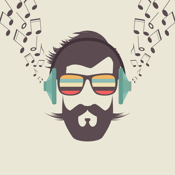 Hipster Men Face with Headphone, Retro Music Poster Illustartion.