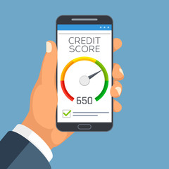 Credit score business report on smartphone screen. Credit rating meter app vector concept
