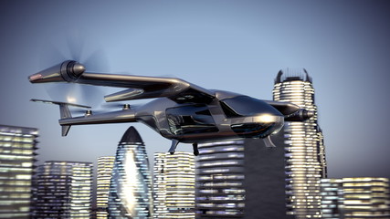 Flying Taxy Drone Going Through the City. 3d illustration