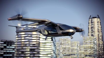 Flying Taxy Drone Going Through the City. 3d illustration - obrazy, fototapety, plakaty