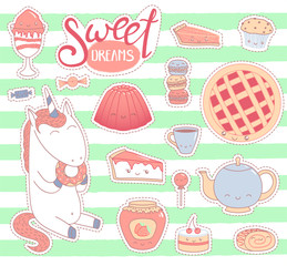 Set of different lovely hand drawn stickers with sweet food doodles, with kawaii cartoon faces, unicorn eating donut, typography. Isolated objects on white background. Design concept dessert, kids.