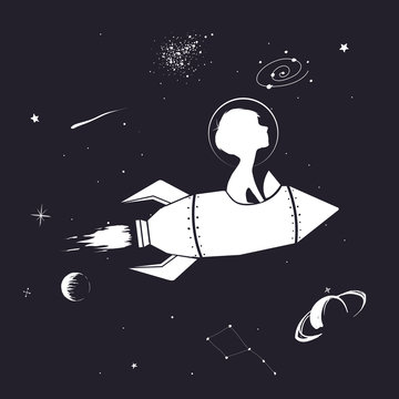 Boy flying in rocket at the outer space.Vector illustration