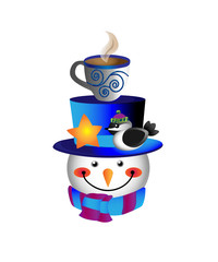 Snowman, bird, cup of hot chocolate