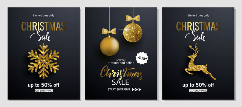Christmas Sale posters with shiny snowflake,Christmas ball and Golden deer. Vector illustration. Design for invitation, banners, ads, coupons, promotional material