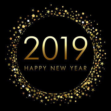 2019 Happy New Year background with number and golden glitter. Gold number 2019 and text happy new year, vector design template. Greeting card design