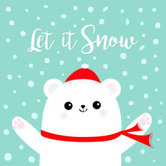 Let it snow. Polar white bear cub wearing red Santa Claus hat scarf. Head face, paw print. Cute cartoon smiling baby character. Arctic animal collection. Flat design Winter background Snow flake.